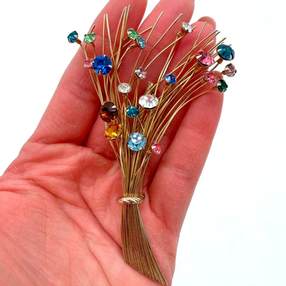 Vintage 1960s Rhinestone‎ Spray Brooch Multicolor Gold Tone Mid Century